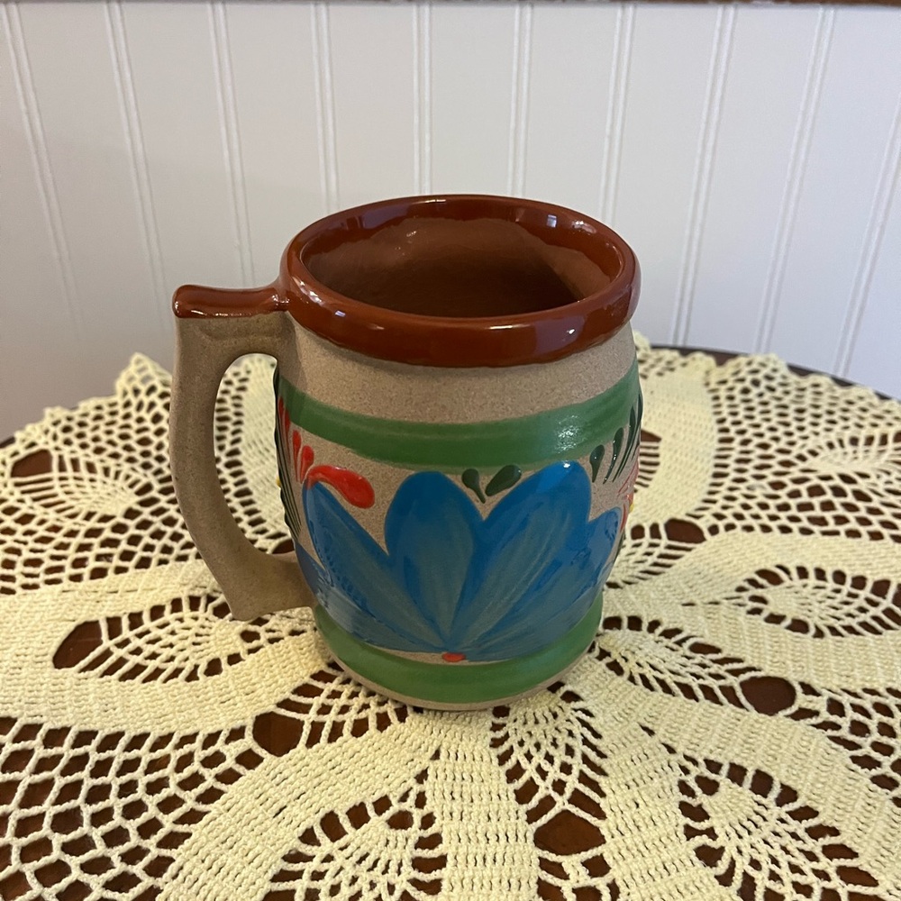 Handcrafted Tonala‎ Mexican Pottery Mug with Blue Floral Design